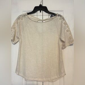Democracy Cream Short Sleeve Top with Lace Shoulders